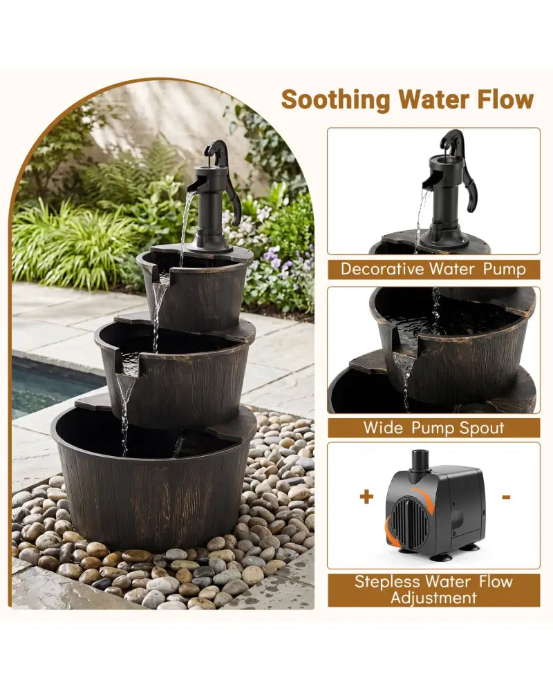 3-Tier Outdoor Barrel Waterfall Fountain with Electric Pump - Outdoor Water Fountains
