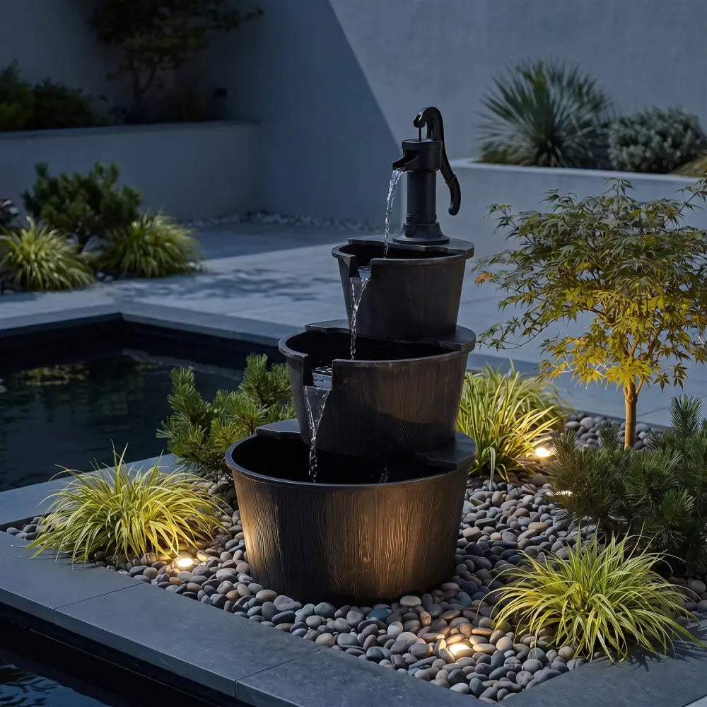 3-Tier Outdoor Barrel Waterfall Fountain with Electric Pump - Outdoor Water Fountains