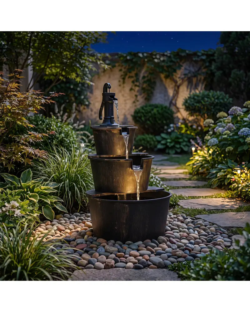 3-Tier Outdoor Barrel Waterfall Fountain with Electric Pump - Outdoor Water Fountains