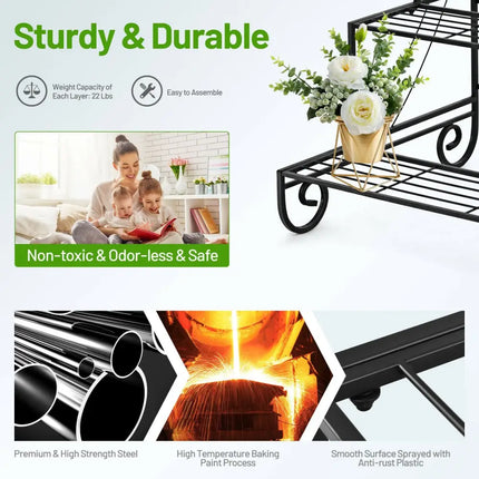 3 Tier Outdoor Metal Garden Planter Holder Shelf - Black - Plant Stands