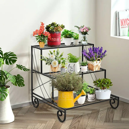 3 Tier Outdoor Metal Garden Planter Holder Shelf - Black - Plant Stands