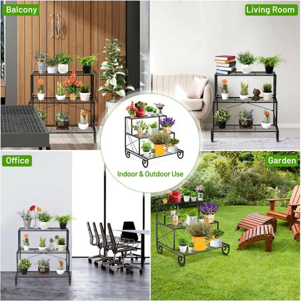 3 Tier Outdoor Metal Garden Planter Holder Shelf - Black - Plant Stands