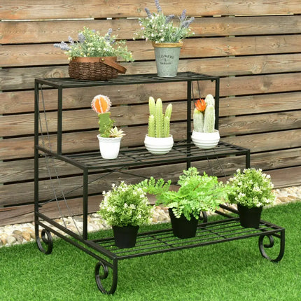 3 Tier Outdoor Metal Garden Planter Holder Shelf - Black - Plant Stands