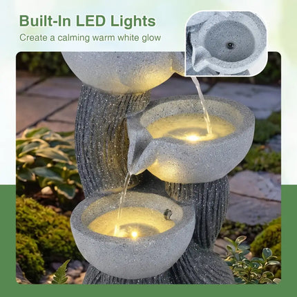 3-Tier Outdoor Water Fountain with LED Lights 18.5 Inch H for Patio Deck - Gray - Outdoor Decor