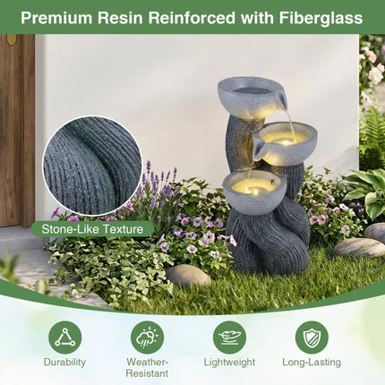 3-Tier Outdoor Water Fountain with LED Lights 18.5 Inch H for Patio Deck - Gray - Outdoor Decor