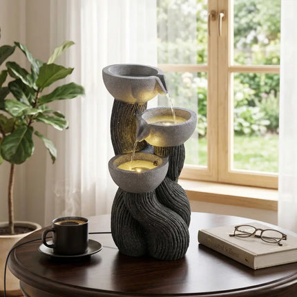 3-Tier Outdoor Water Fountain with LED Lights 18.5 Inch H for Patio Deck - Gray - Outdoor Decor