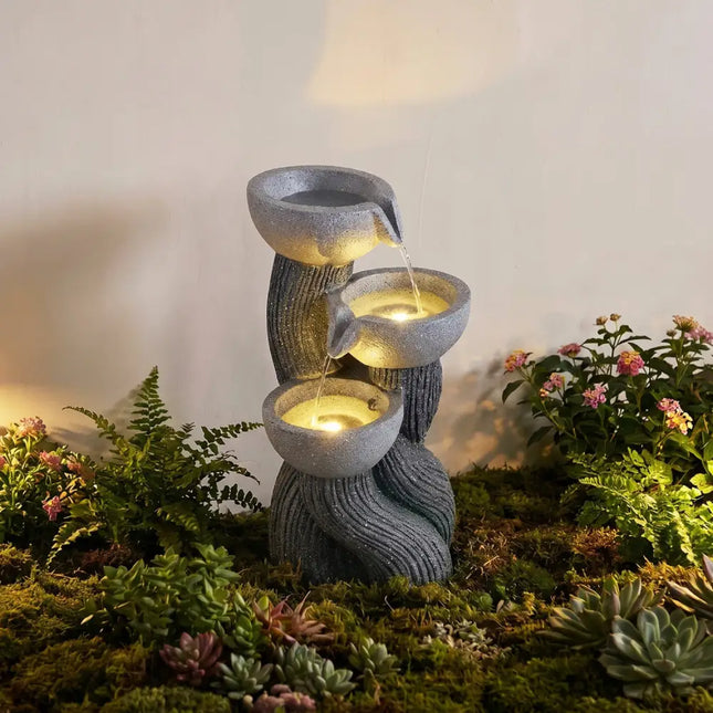 3-Tier Outdoor Water Fountain with LED Lights 18.5 Inch H for Patio Deck - Gray - Outdoor Decor