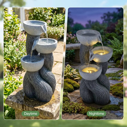 3-Tier Outdoor Water Fountain with LED Lights 18.5 Inch H for Patio Deck - Gray - Outdoor Decor