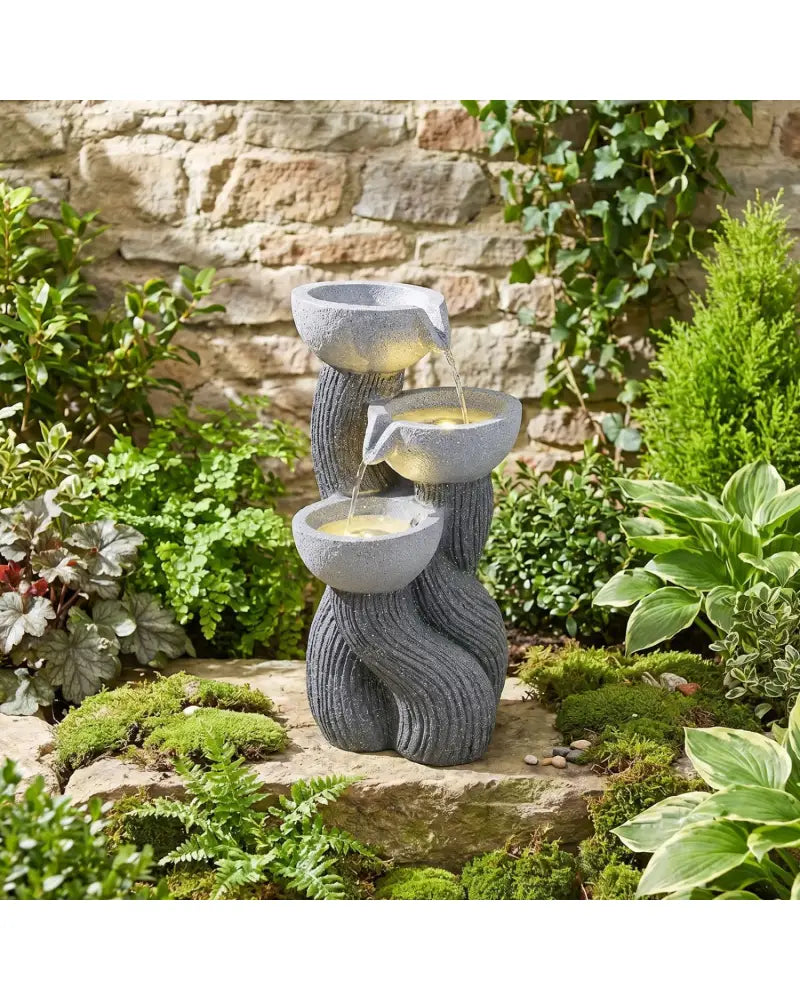 3-Tier Outdoor Water Fountain with LED Lights 18.5 Inch H for Patio Deck - Gray - Outdoor Water Fountains