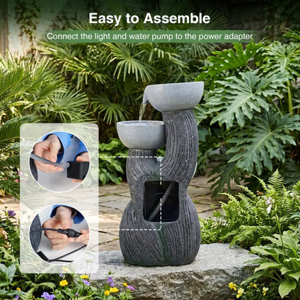 3-Tier Outdoor Water Fountain with LED Lights 18.5 Inch H for Patio Deck - Gray - Outdoor Decor