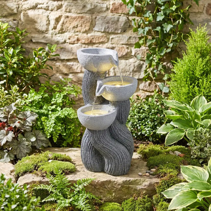 3-Tier Outdoor Water Fountain with LED Lights 18.5 Inch H for Patio Deck - Gray - Outdoor Decor