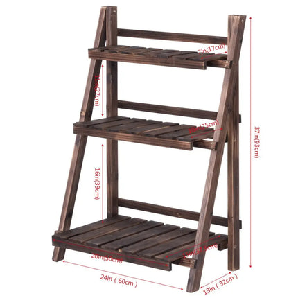 3 Tier Outdoor Wood Design Folding Display Flower Stand - Brown - Plant Stands