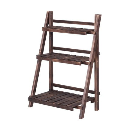 3 Tier Outdoor Wood Design Folding Display Flower Stand - Brown - Plant Stands