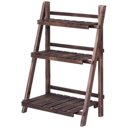 3 Tier Outdoor Wood Design Folding Display Flower Stand - Brown - Plant Stands