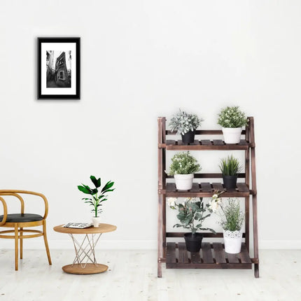 3 Tier Outdoor Wood Design Folding Display Flower Stand - Brown - Plant Stands