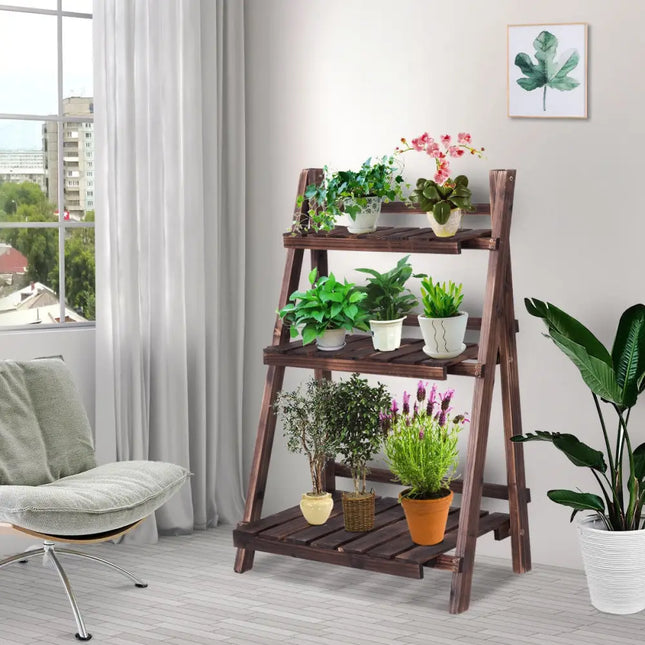 3 Tier Outdoor Wood Design Folding Display Flower Stand - Brown - Plant Stands