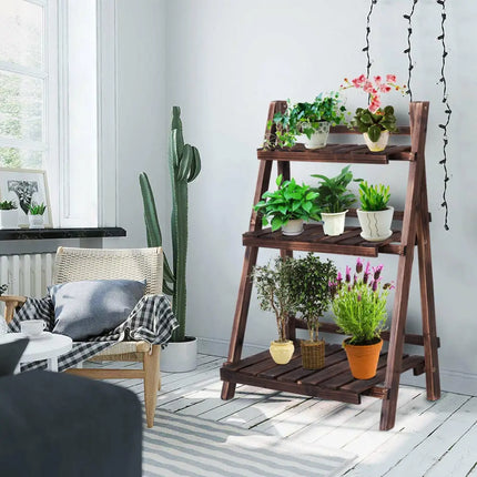3 Tier Outdoor Wood Design Folding Display Flower Stand - Brown - Plant Stands