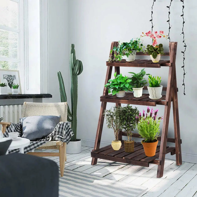 3 Tier Outdoor Wood Design Folding Display Flower Stand - Brown - Plant Stands