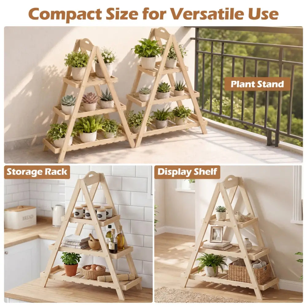 3-Tier Plant Stand Flower Pot Display Shelf-Natural - Natural - Plant Stands