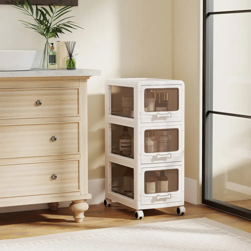 3-Tier Plastic Drawer Storage Organizer Rolling Cart with 3/4/5 Drawers and Lockable Wheels - File Cabinets