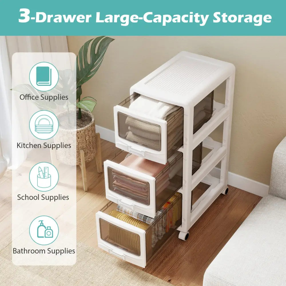 3-Tier Plastic Drawer Storage Organizer Rolling Cart with 3/4/5 Drawers and Lockable Wheels - File Cabinets