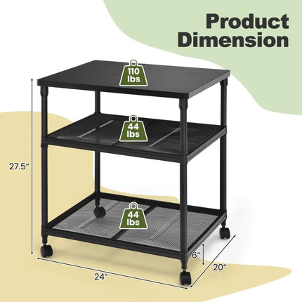 3 Tier Printer Stand Rolling Fax Cart with Adjustable Shelf and Swivel Wheels-Black Costway