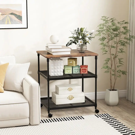 3 Tier Printer Stand Rolling Fax Cart with Adjustable Shelf and Swivel Wheels-Coffee Costway