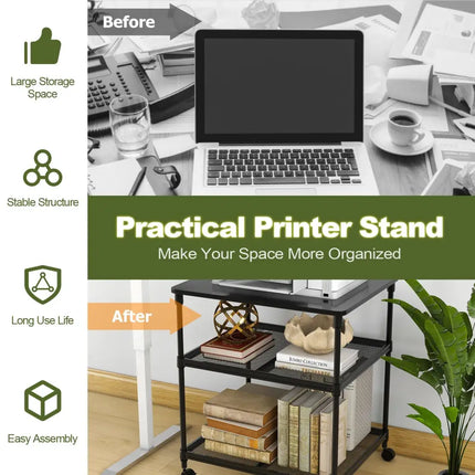 3 Tier Printer Stand Rolling Fax Cart with Adjustable Shelf and Swivel Wheels-Black Costway
