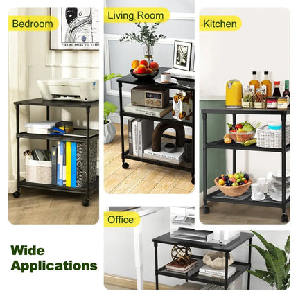 3 Tier Printer Stand Rolling Fax Cart with Adjustable Shelf and Swivel Wheels-Black Costway