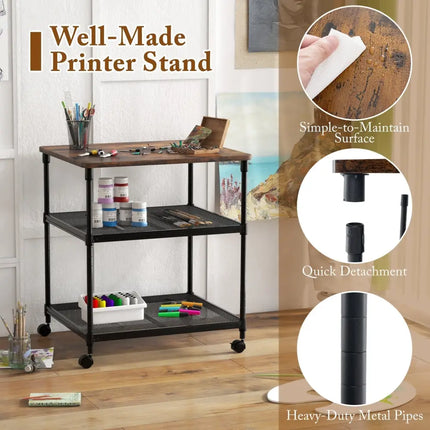 3 Tier Printer Stand Rolling Fax Cart with Adjustable Shelf and Swivel Wheels-Coffee Costway
