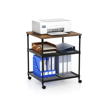 3 Tier Printer Stand Rolling Fax Cart with Adjustable Shelf and Swivel Wheels-Coffee Costway