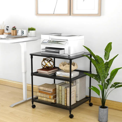 3 Tier Printer Stand Rolling Fax Cart with Adjustable Shelf and Swivel Wheels-Black Costway