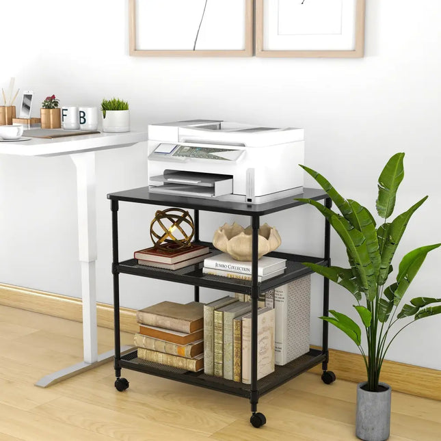 3 Tier Printer Stand Rolling Fax Cart with Adjustable Shelf and Swivel Wheels-Black Costway