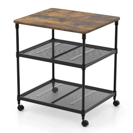 3 Tier Printer Stand Rolling Fax Cart with Adjustable Shelf and Swivel Wheels-Coffee Costway