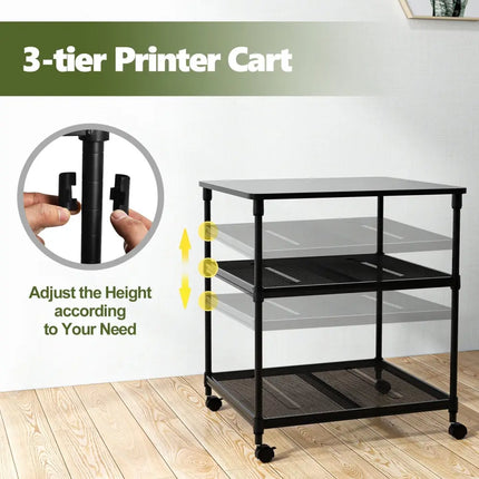 3 Tier Printer Stand Rolling Fax Cart with Adjustable Shelf and Swivel Wheels-Black Costway
