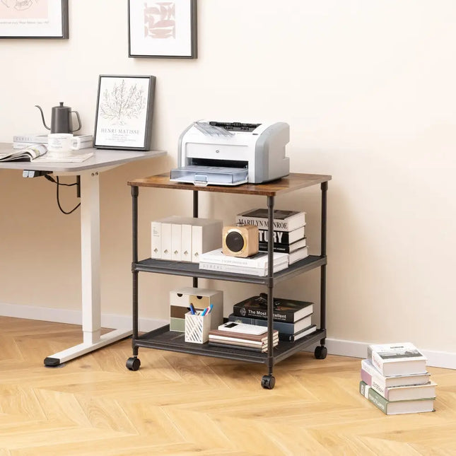 3 Tier Printer Stand Rolling Fax Cart with Adjustable Shelf and Swivel Wheels-Coffee Costway