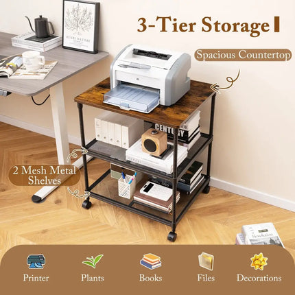 3 Tier Printer Stand Rolling Fax Cart with Adjustable Shelf and Swivel Wheels-Coffee Costway