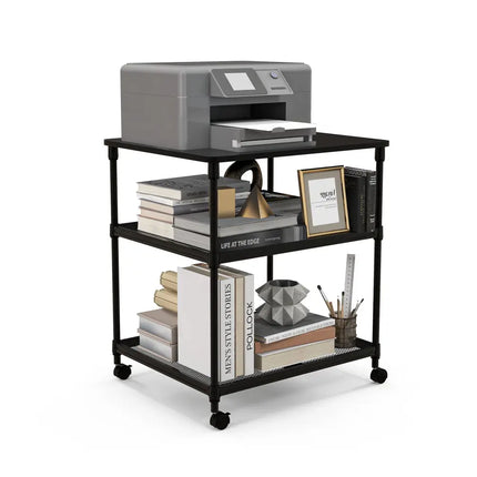 3 Tier Printer Stand Rolling Fax Cart with Adjustable Shelf and Swivel Wheels-Black Costway