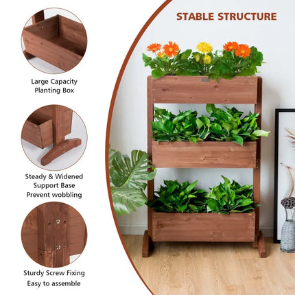 3-Tier Raised Garden Bed with Detachable Ladder and Adjustable Shelf - Natural - Raised Garden Beds