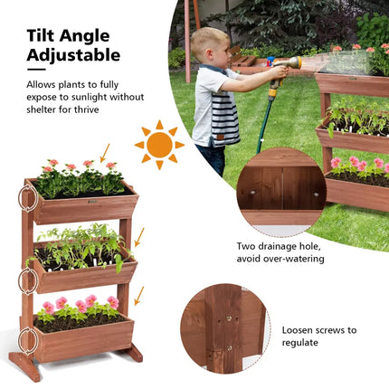 3-Tier Raised Garden Bed with Detachable Ladder and Adjustable Shelf - Natural - Raised Garden Beds
