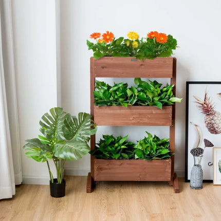 3-Tier Raised Garden Bed with Detachable Ladder and Adjustable Shelf - Natural - Raised Garden Beds