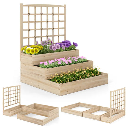 3-Tier Raised Garden Bed with Lattice Trellis and Open-Ended Base-Natural - Natural - Raised Garden Beds