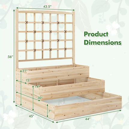 3-Tier Raised Garden Bed with Lattice Trellis and Open-Ended Base-Natural - Natural - Raised Garden Beds