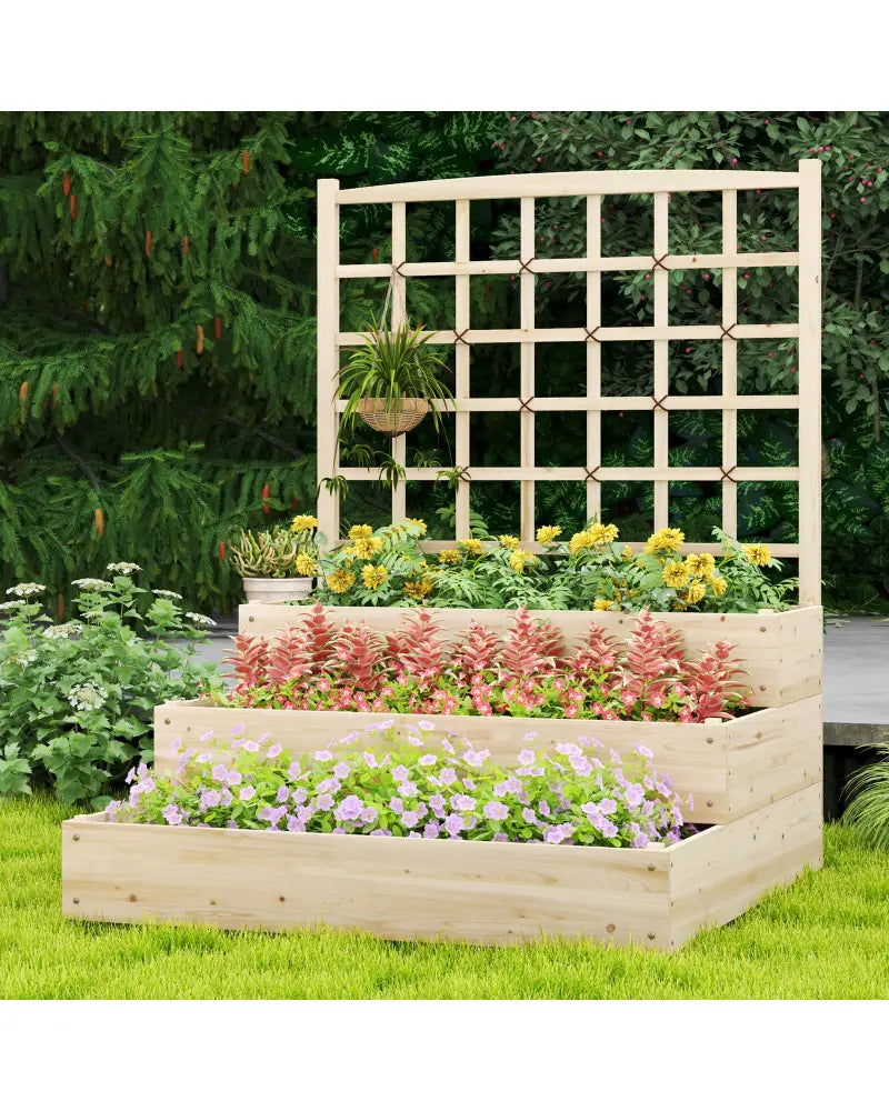 3-Tier Raised Garden Bed with Lattice Trellis and Open-Ended Base-Natural - Natural - Raised Garden Beds