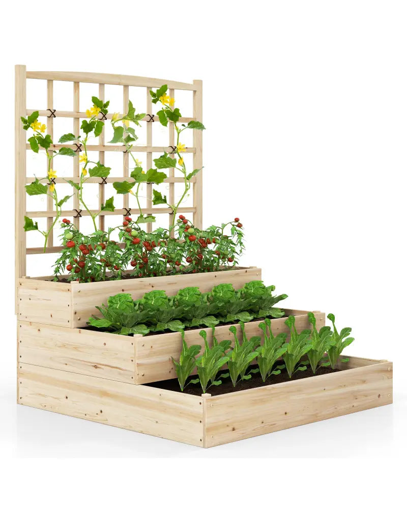 3-Tier Raised Garden Bed with Lattice Trellis and Open-Ended Base-Natural - Natural - Raised Garden Beds