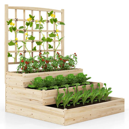 3-Tier Raised Garden Bed with Lattice Trellis and Open-Ended Base-Natural - Natural - Raised Garden Beds