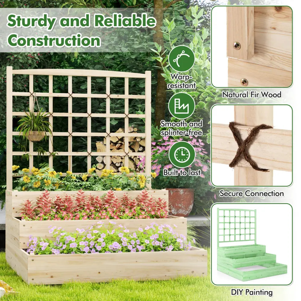 3-Tier Raised Garden Bed with Lattice Trellis and Open-Ended Base-Natural - Natural - Raised Garden Beds