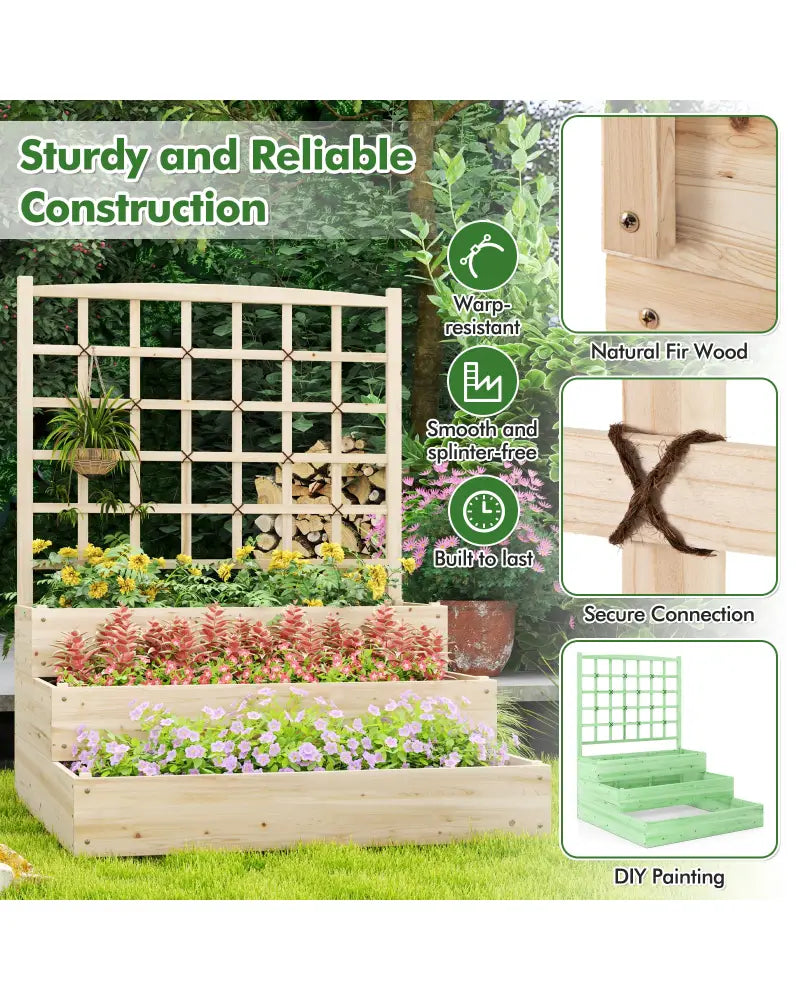 3-Tier Raised Garden Bed with Lattice Trellis and Open-Ended Base-Natural - Natural - Raised Garden Beds