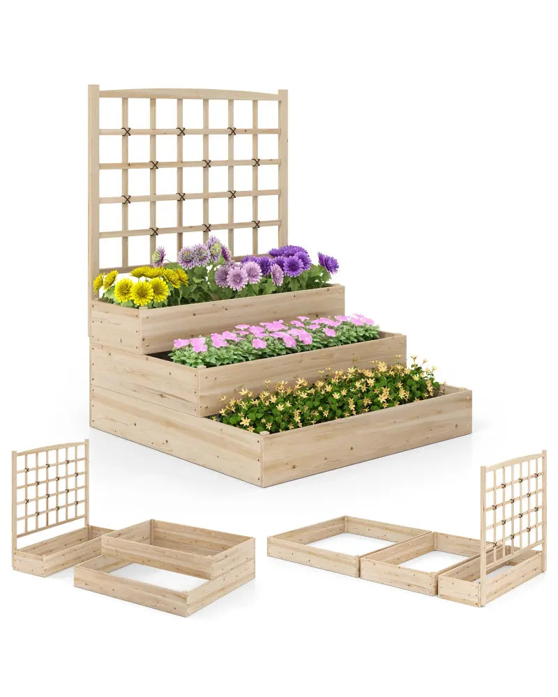 3-Tier Raised Garden Bed with Lattice Trellis and Open-Ended Base-Natural - Natural - Raised Garden Beds