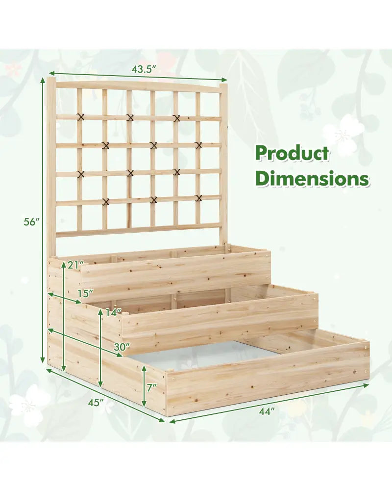 3-Tier Raised Garden Bed with Lattice Trellis and Open-Ended Base-Natural - Natural - Raised Garden Beds